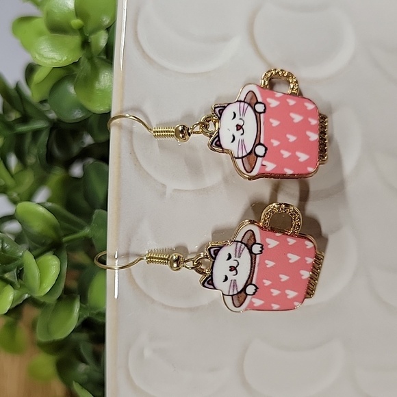Ear Envy Other - White Cat Teacup Drop Earrings